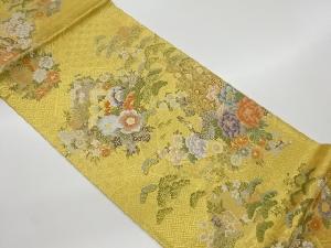 リサイクル　孔雀に松・花々・古典柄模様織出し袋帯